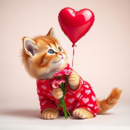 An adorable orange kitten with fluffy fur, wearing vibrant red pajamas covered in pink heart patterns