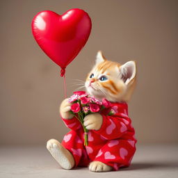 An adorable orange kitten with fluffy fur, wearing vibrant red pajamas covered in pink heart patterns