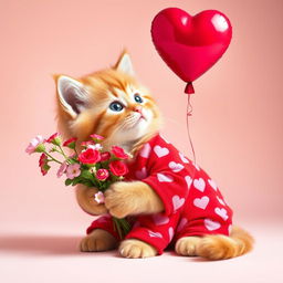 An adorable orange kitten with fluffy fur, wearing vibrant red pajamas covered in pink heart patterns