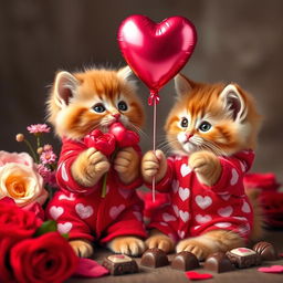 An adorable orange kitten with fluffy fur and green eyes, wearing vibrant red pajamas covered in pink heart patterns, holding a bouquet of heart-shaped flowers in one paw while gazing lovingly at a heart-shaped balloon floating above its head on Valentine's Day