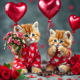 An adorable orange kitten with fluffy fur and green eyes, wearing vibrant red pajamas covered in pink heart patterns, holding a bouquet of heart-shaped flowers in one paw while gazing lovingly at a heart-shaped balloon floating above its head on Valentine's Day