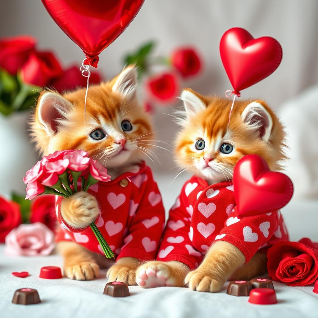 An adorable orange kitten with fluffy fur and green eyes, wearing vibrant red pajamas covered in pink heart patterns, holding a bouquet of heart-shaped flowers in one paw while gazing lovingly at a heart-shaped balloon floating above its head on Valentine's Day