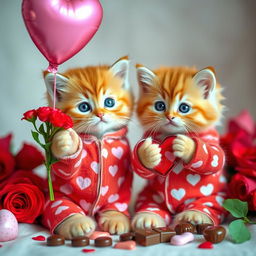 An adorable orange kitten with fluffy fur and green eyes, wearing vibrant red pajamas covered in pink heart patterns, holding a bouquet of heart-shaped flowers in one paw while gazing lovingly at a heart-shaped balloon floating above its head on Valentine's Day