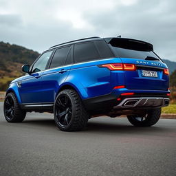 A luxury SUV with a vibrant blue color, featuring large and impressive tires, an elegant and beautifully designed front bumper, and striking, artistically crafted taillights catching the eye