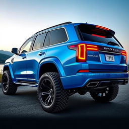 A luxury SUV with a vibrant blue color, featuring large and impressive tires, an elegant and beautifully designed front bumper, and striking, artistically crafted taillights catching the eye