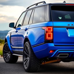 A luxury SUV with a vibrant blue color, featuring large and impressive tires, an elegant and beautifully designed front bumper, and striking, artistically crafted taillights catching the eye