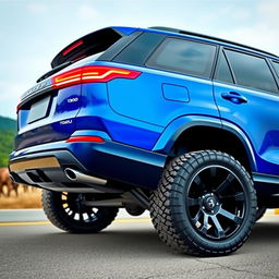 A luxury SUV with a vibrant blue color, featuring large and impressive tires, an elegant and beautifully designed front bumper, and striking, artistically crafted taillights catching the eye