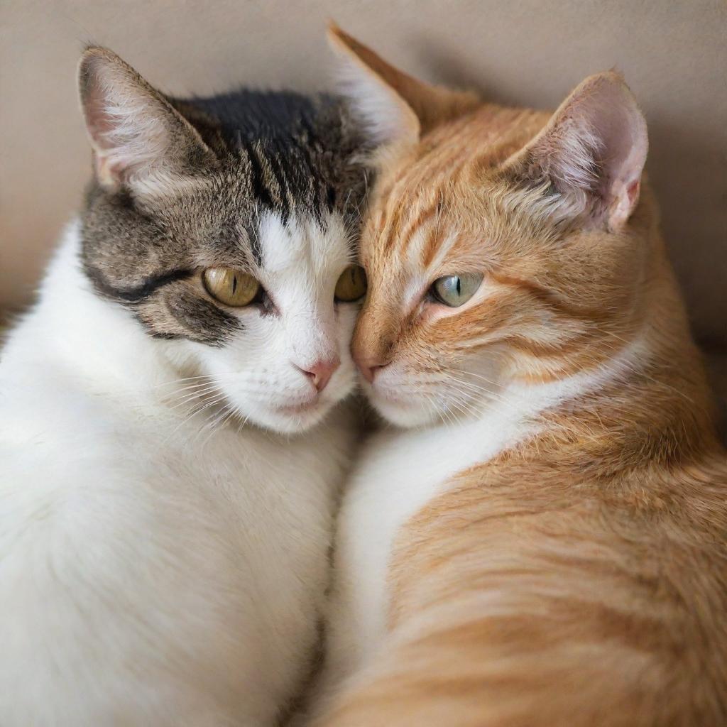 Two cats snuggling closely together, showing warmth and affection.