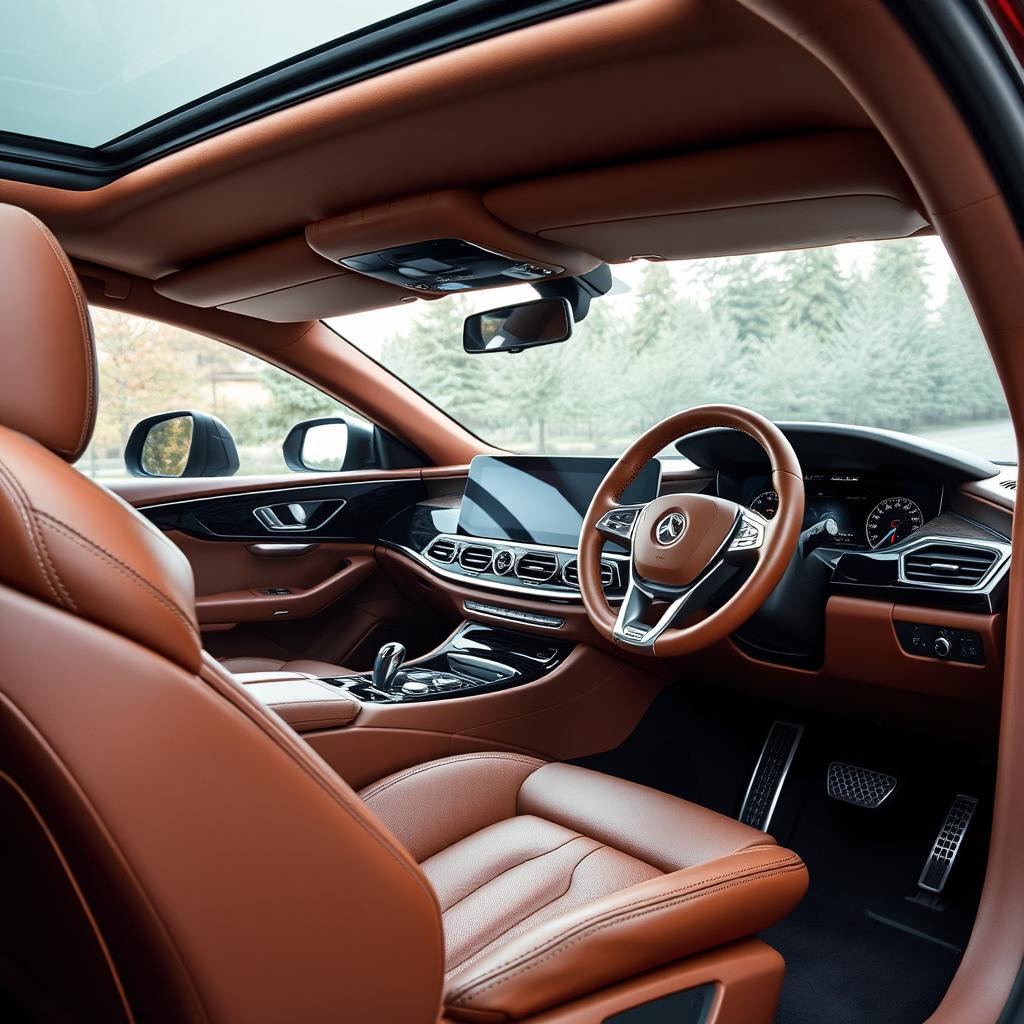 The interior of a luxury car featuring rich brown tones, showcasing exquisitely crafted leather seats and a stunning leather steering wheel