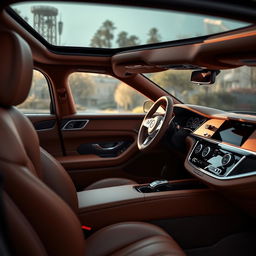 The interior of a luxury car featuring rich brown tones, showcasing exquisitely crafted leather seats and a stunning leather steering wheel