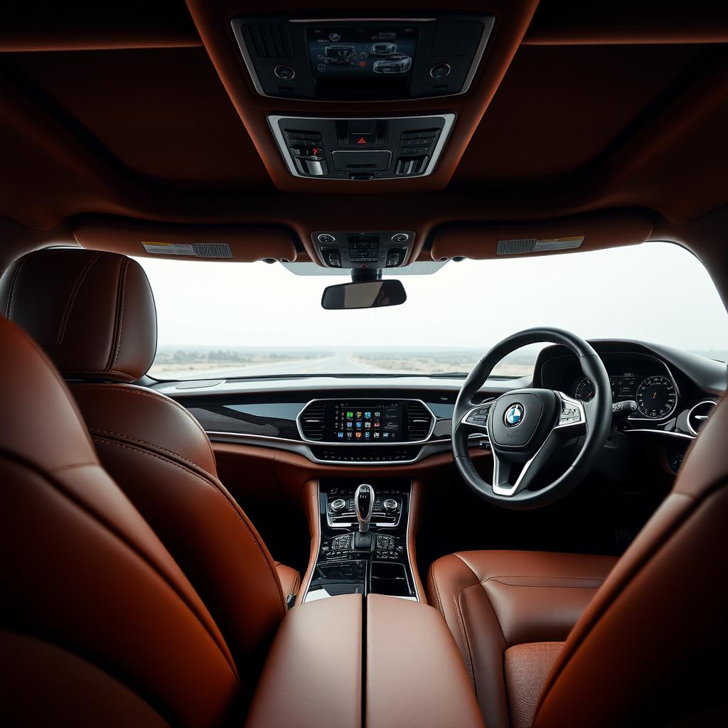 The interior of a luxury car featuring rich brown tones, showcasing exquisitely crafted leather seats and a stunning leather steering wheel