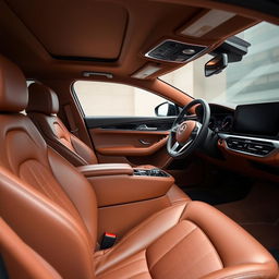 The interior of a luxury car featuring rich brown tones, showcasing exquisitely crafted leather seats and a stunning leather steering wheel