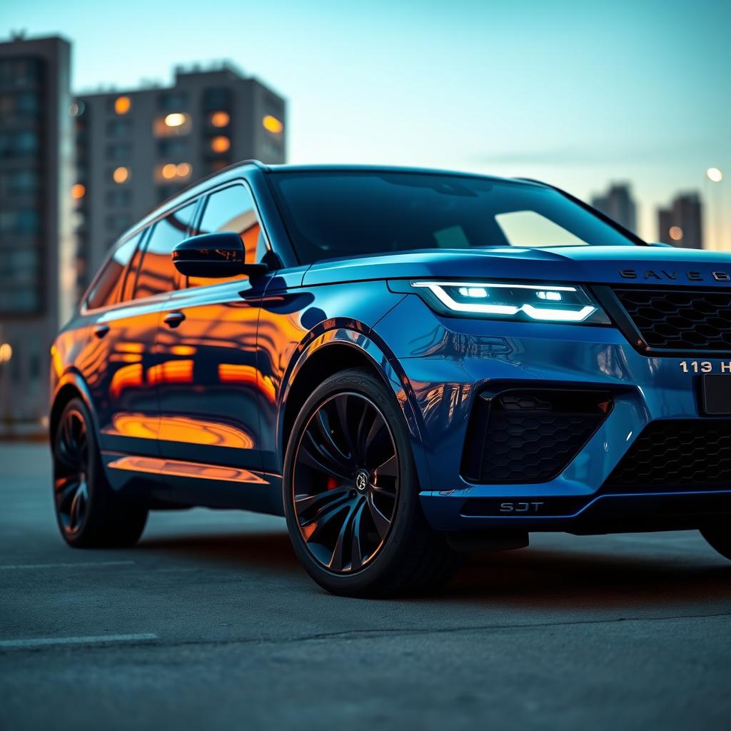 A blue luxury SUV with strikingly modern laser headlights, parked in a sleek, urban environment at twilight