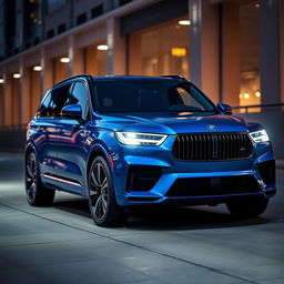 A blue luxury SUV with strikingly modern laser headlights, parked in a sleek, urban environment at twilight