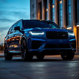 A blue luxury SUV with strikingly modern laser headlights, parked in a sleek, urban environment at twilight