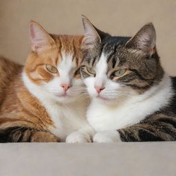 Two cats snuggling closely together, showing warmth and affection.