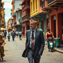 A realistic depiction of a person resembling a high-profile businessman walking through the streets of Santa Cruz, Bolivia