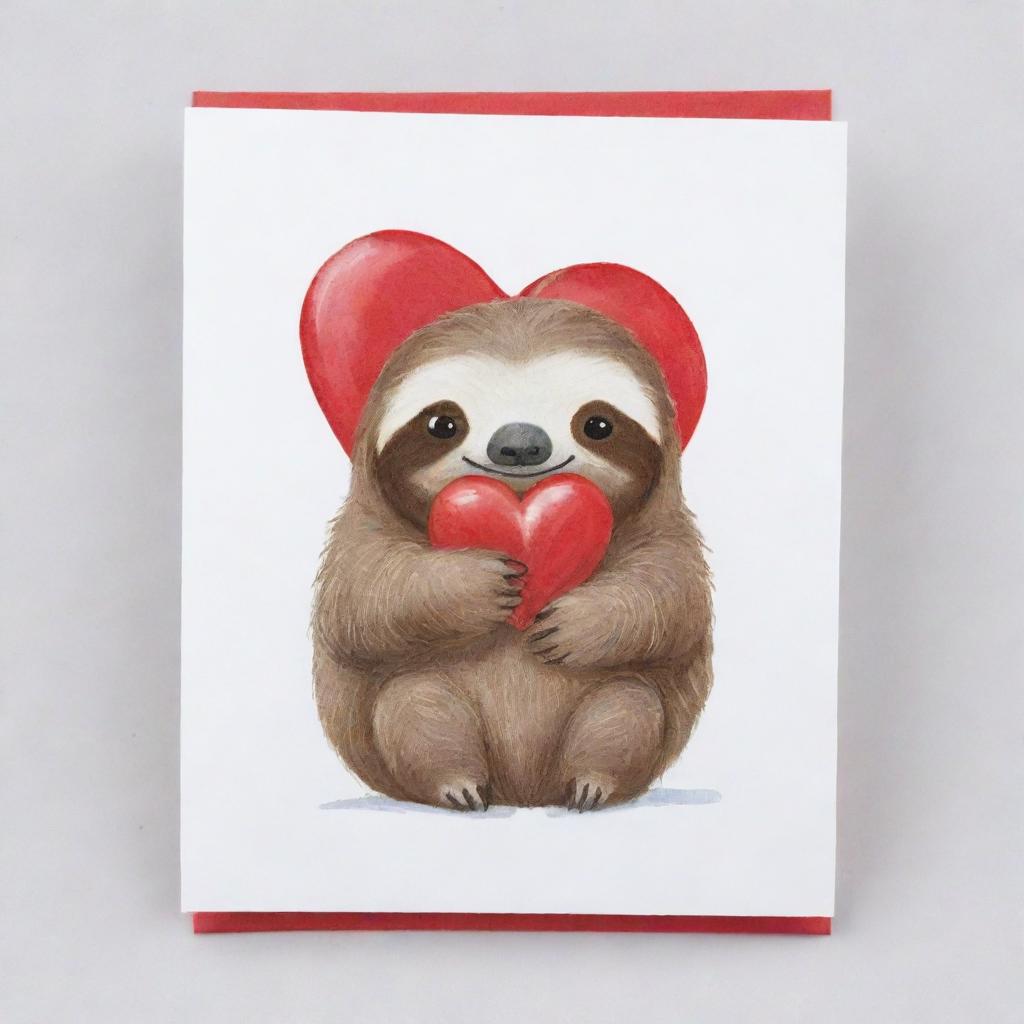 A valentine's card featuring a small, charming sloth embracing a heart, set against a pristine white background