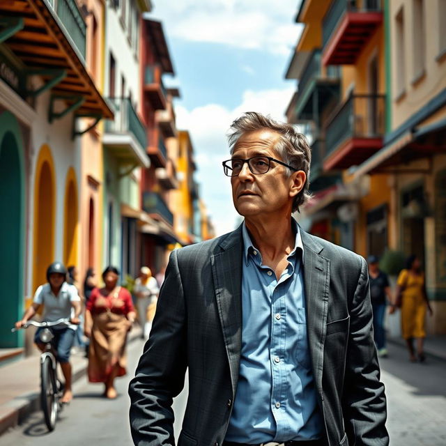 A realistic depiction of a person resembling a high-profile businessman walking through the streets of Santa Cruz, Bolivia