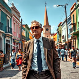 A realistic depiction of a person resembling a high-profile businessman walking through the streets of Santa Cruz, Bolivia