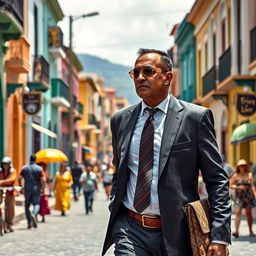 A realistic depiction of a person resembling a high-profile businessman walking through the streets of Santa Cruz, Bolivia