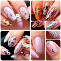 A collection of elegant and fashionable nail designs, showcasing a variety of intricate patterns, vibrant colors, and stylish details