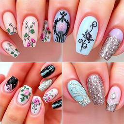 A collection of elegant and fashionable nail designs, showcasing a variety of intricate patterns, vibrant colors, and stylish details