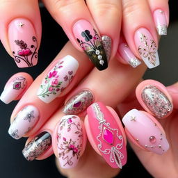 A collection of elegant and fashionable nail designs, showcasing a variety of intricate patterns, vibrant colors, and stylish details