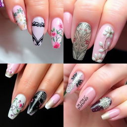 A collection of elegant and fashionable nail designs, showcasing a variety of intricate patterns, vibrant colors, and stylish details