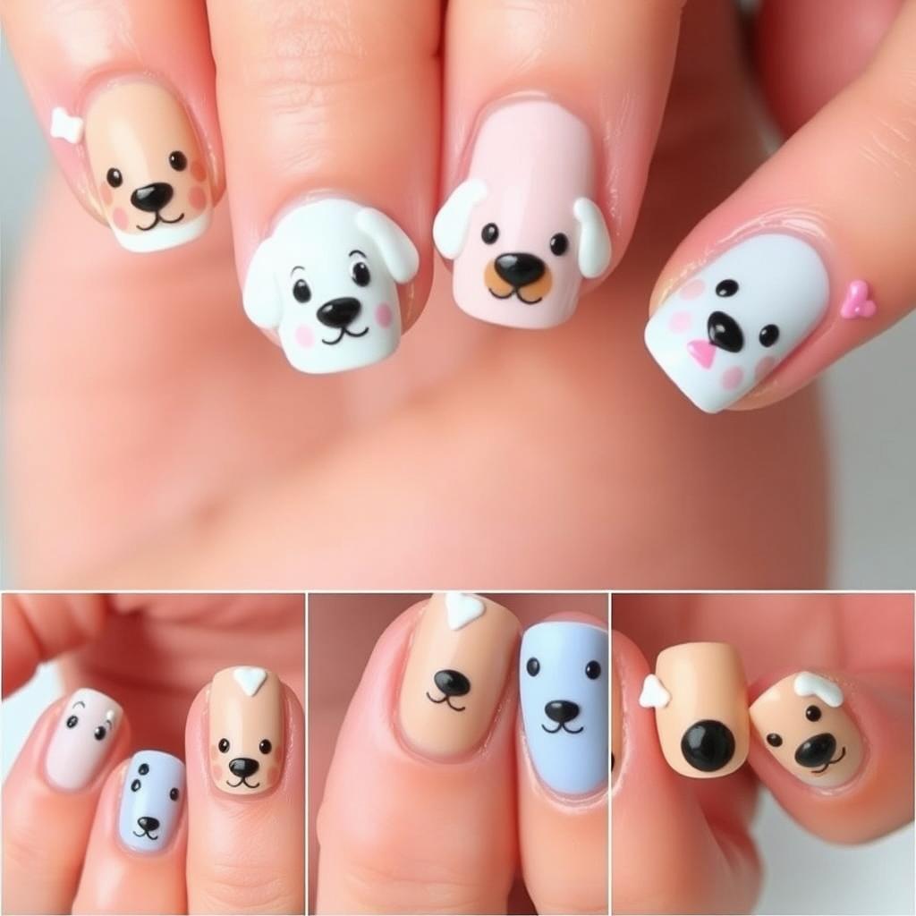 A series of whimsical and cute nail designs inspired by playful puppies, featuring adorable puppy faces, paws, and bones as decorative elements