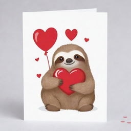 A valentine's card featuring a small, charming sloth embracing a heart, set against a pristine white background