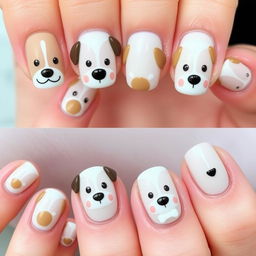 A series of whimsical and cute nail designs inspired by playful puppies, featuring adorable puppy faces, paws, and bones as decorative elements