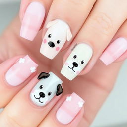 A series of whimsical and cute nail designs inspired by playful puppies, featuring adorable puppy faces, paws, and bones as decorative elements