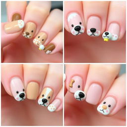 A series of whimsical and cute nail designs inspired by playful puppies, featuring adorable puppy faces, paws, and bones as decorative elements