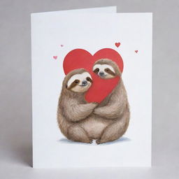 A valentine's card featuring a small, charming sloth embracing a heart, set against a pristine white background