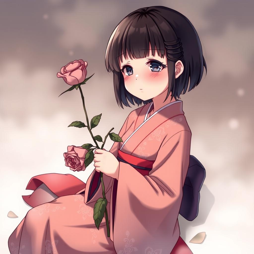 Chinese girl in a kimono, with short hair and bangs, kneeling while holding a withered rose and crying, captured in a detailed anime style