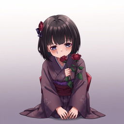 Chinese girl in a kimono, with short hair and bangs, kneeling while holding a withered rose and crying, captured in a detailed anime style