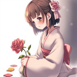 Chinese girl in a kimono, with short hair and bangs, kneeling while holding a withered rose and crying, captured in a detailed anime style