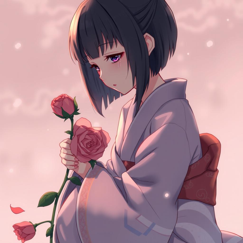 Chinese girl in a kimono, with short hair and bangs, kneeling while holding a withered rose and crying, captured in a detailed anime style