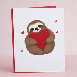 A valentine's card featuring a small, charming sloth embracing a heart, set against a pristine white background