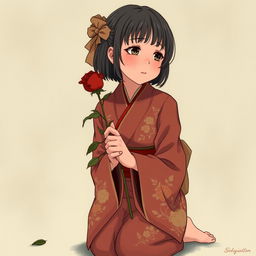 Chinese girl in a kimono, with short hair and bangs, kneeling while holding a withered rose and crying, depicted in a mature vintage shoujo anime style