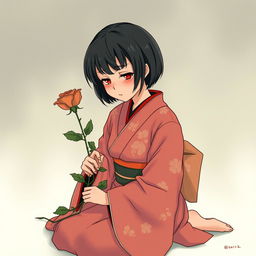 Chinese girl in a kimono, with short hair and bangs, kneeling while holding a withered rose and crying, depicted in a mature vintage shoujo anime style