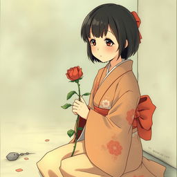 Chinese girl in a kimono, with short hair and bangs, kneeling while holding a withered rose and crying, depicted in a mature vintage shoujo anime style