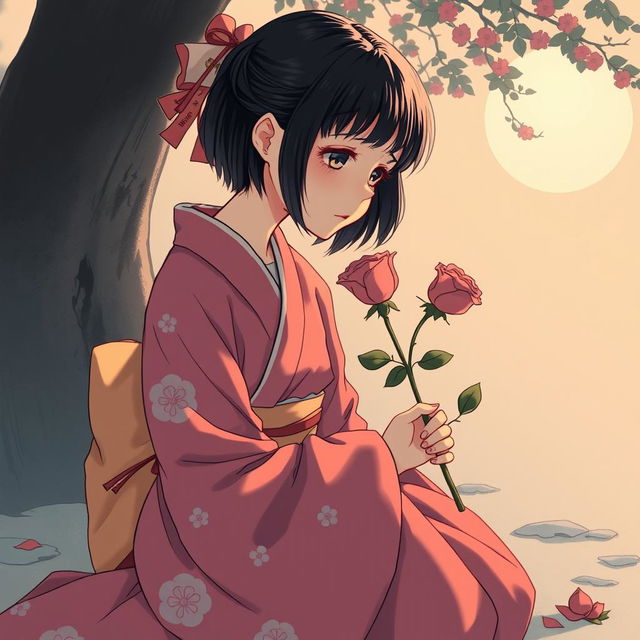 Chinese girl in a kimono, with short hair and bangs, kneeling while holding a withered rose and crying, depicted in a mature vintage shoujo anime style