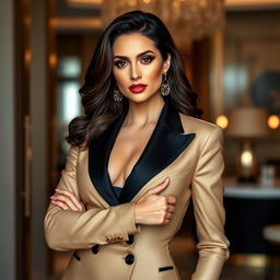 A sophisticated portrait of a woman, Araceli de la Vega, elegantly dressed in high-fashion attire, showcasing her confident demeanor and strong presence