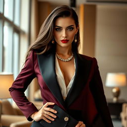 A sophisticated portrait of a woman, Araceli de la Vega, elegantly dressed in high-fashion attire, showcasing her confident demeanor and strong presence