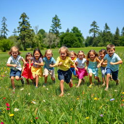 A traditional game scene featuring children playing in an open field during a sunny day