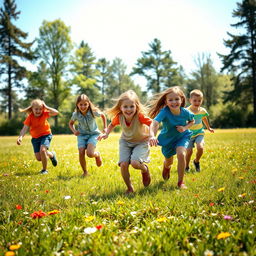 A traditional game scene featuring children playing in an open field during a sunny day