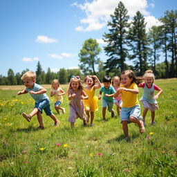 A traditional game scene featuring children playing in an open field during a sunny day