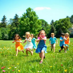 A traditional game scene featuring children playing in an open field during a sunny day